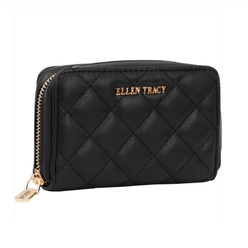Ellen Tracy Black Quilted Zip Around Wallet New Gold Hardware